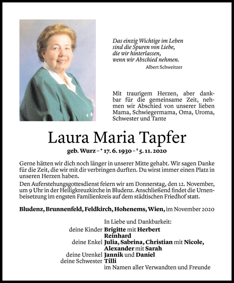  Todesanzeige für Laura Maria Tapfer vom 09.11.2020 aus Vorarlberger Nachrichten