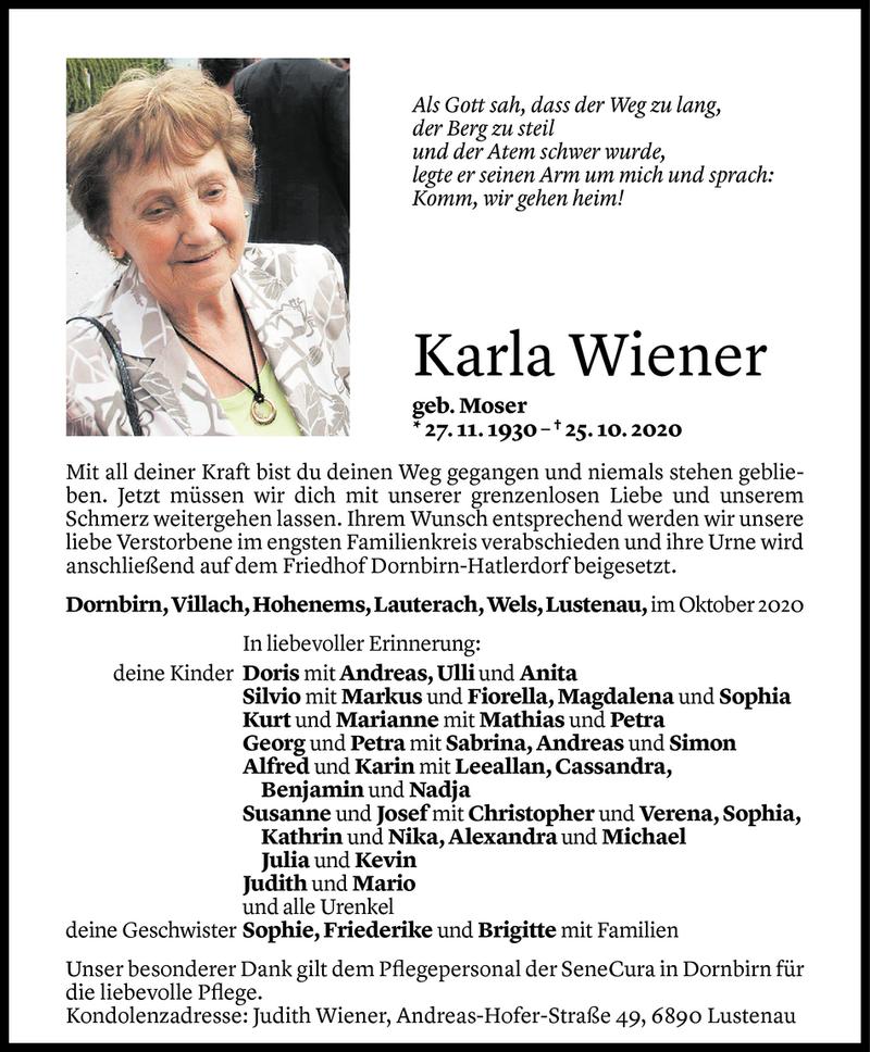  Todesanzeige für Karla Wiener vom 07.11.2020 aus Vorarlberger Nachrichten