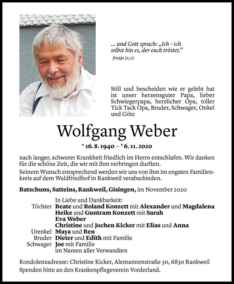  Todesanzeige für Wolfgang Weber vom 09.11.2020 aus Vorarlberger Nachrichten