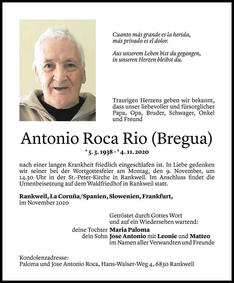 Todesanzeige für Antonio Roca Rio (Bregua) vom 08.11.2020 aus Vorarlberger Nachrichten