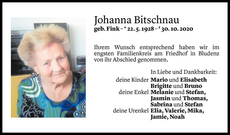  Todesanzeige für Johanna Bitschnau vom 10.11.2020 aus Vorarlberger Nachrichten