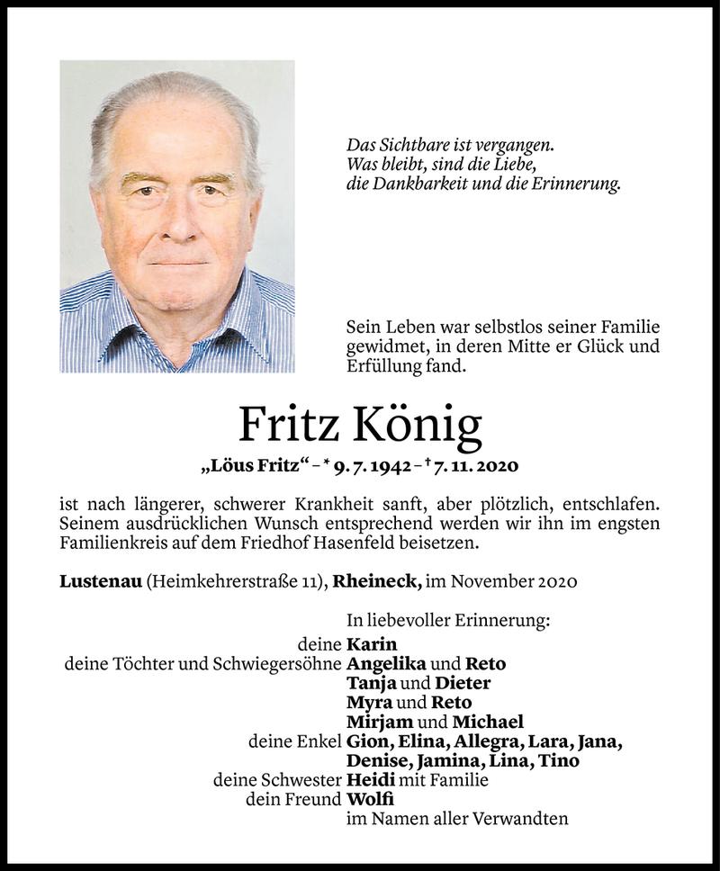  Todesanzeige für Fritz König vom 10.11.2020 aus Vorarlberger Nachrichten