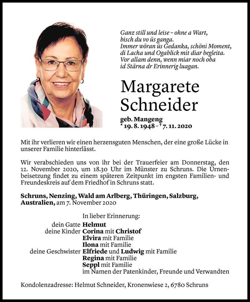  Todesanzeige für Margarete Schneider vom 09.11.2020 aus Vorarlberger Nachrichten