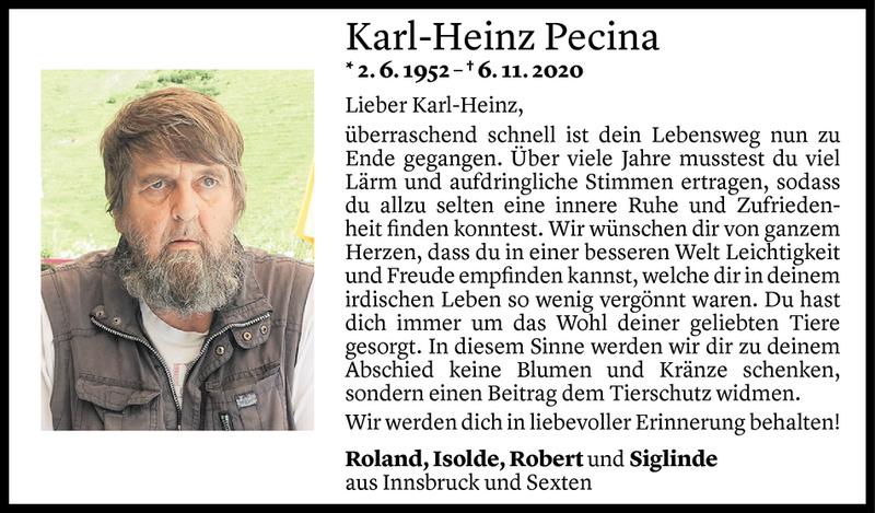  Todesanzeige für Karl-Heinz Pecina vom 10.11.2020 aus Vorarlberger Nachrichten