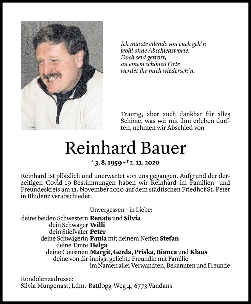  Todesanzeige für Reinhard Bauer vom 12.11.2020 aus Vorarlberger Nachrichten