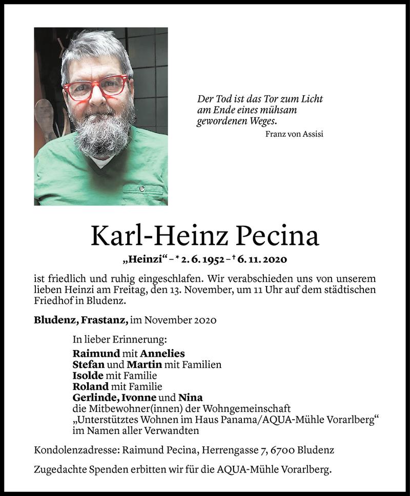  Todesanzeige für Karl-Heinz Pecina vom 11.11.2020 aus Vorarlberger Nachrichten