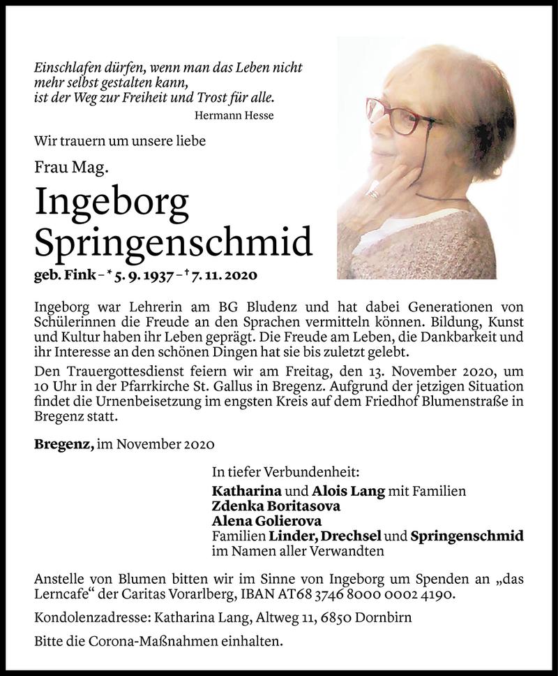  Todesanzeige für Ingeborg Springenschmid vom 10.11.2020 aus Vorarlberger Nachrichten