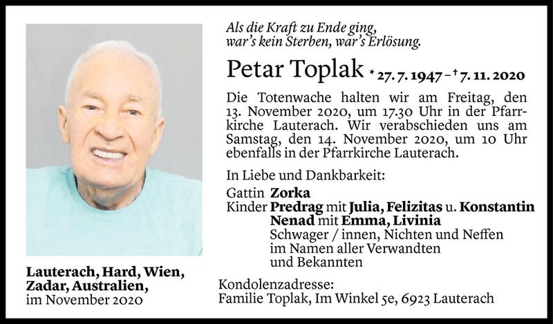  Todesanzeige für Petar Toplak vom 10.11.2020 aus Vorarlberger Nachrichten