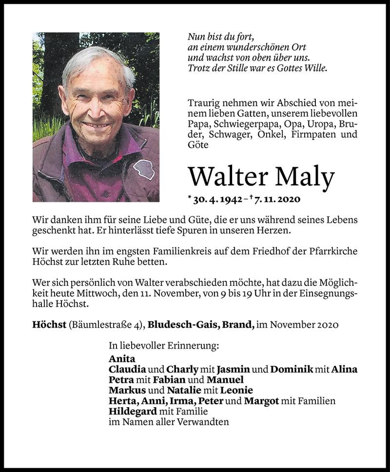  Todesanzeige für Walter Maly vom 11.11.2020 aus Vorarlberger Nachrichten