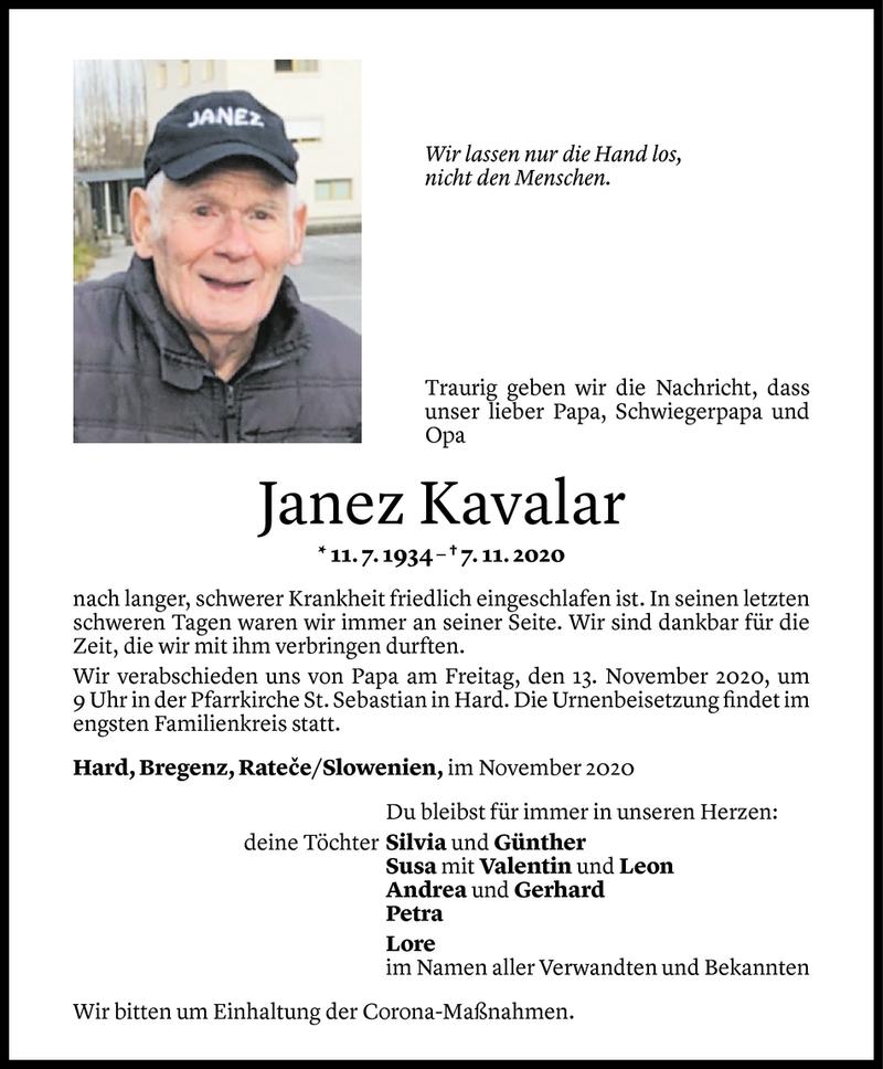  Todesanzeige für Janez Kavalar vom 10.11.2020 aus Vorarlberger Nachrichten