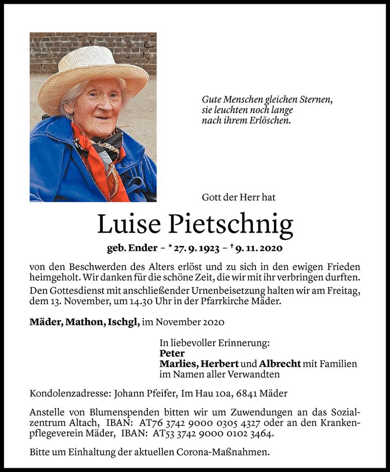  Todesanzeige für Luise Pietschnig vom 11.11.2020 aus Vorarlberger Nachrichten