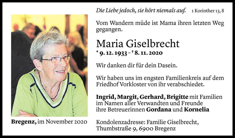  Todesanzeige für Maria Giselbrecht vom 14.11.2020 aus Vorarlberger Nachrichten