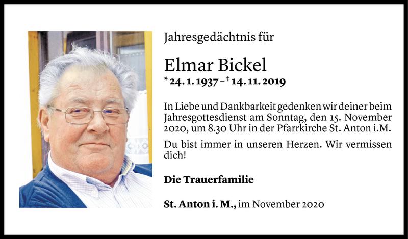  Todesanzeige für Elmar Bickel vom 13.11.2020 aus Vorarlberger Nachrichten