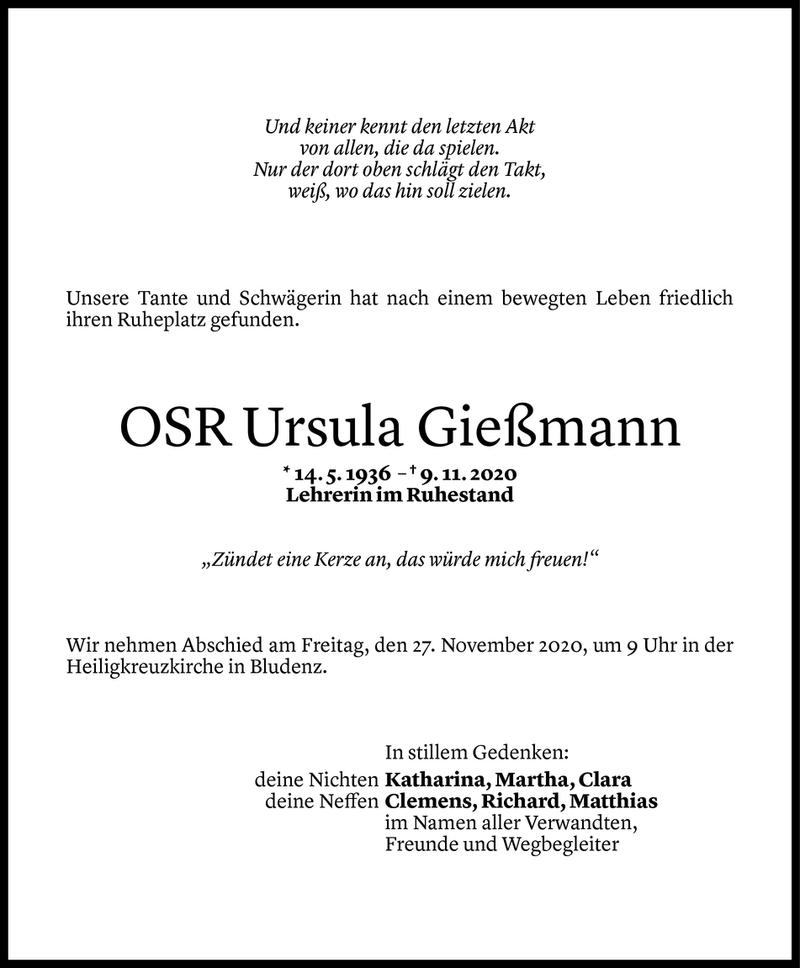  Todesanzeige für Ursula Gießmann vom 21.11.2020 aus Vorarlberger Nachrichten