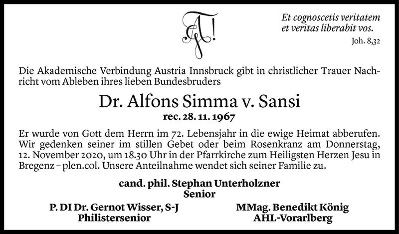  Todesanzeige für Alfons Simma vom 11.11.2020 aus Vorarlberger Nachrichten