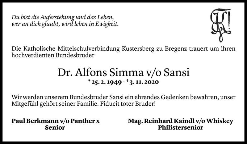  Todesanzeige für Alfons Simma vom 11.11.2020 aus Vorarlberger Nachrichten