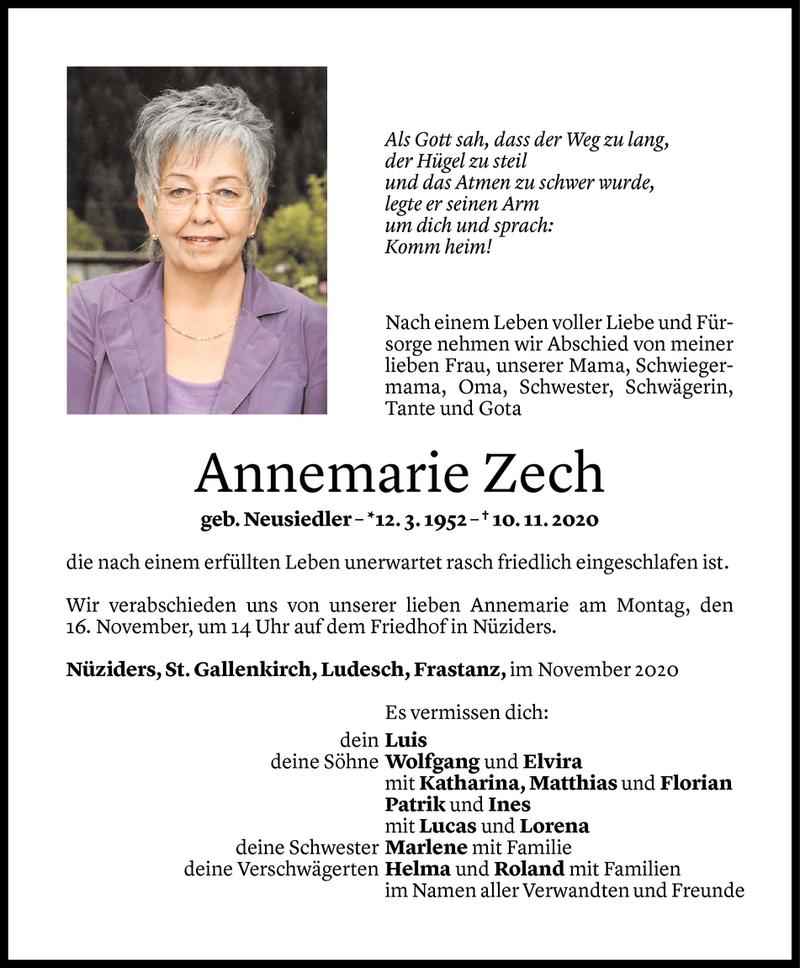  Todesanzeige für Annemarie Zech vom 13.11.2020 aus Vorarlberger Nachrichten