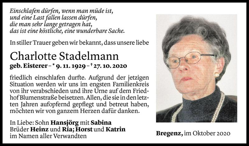  Todesanzeige für Charlotte Stadelmann vom 14.11.2020 aus Vorarlberger Nachrichten
