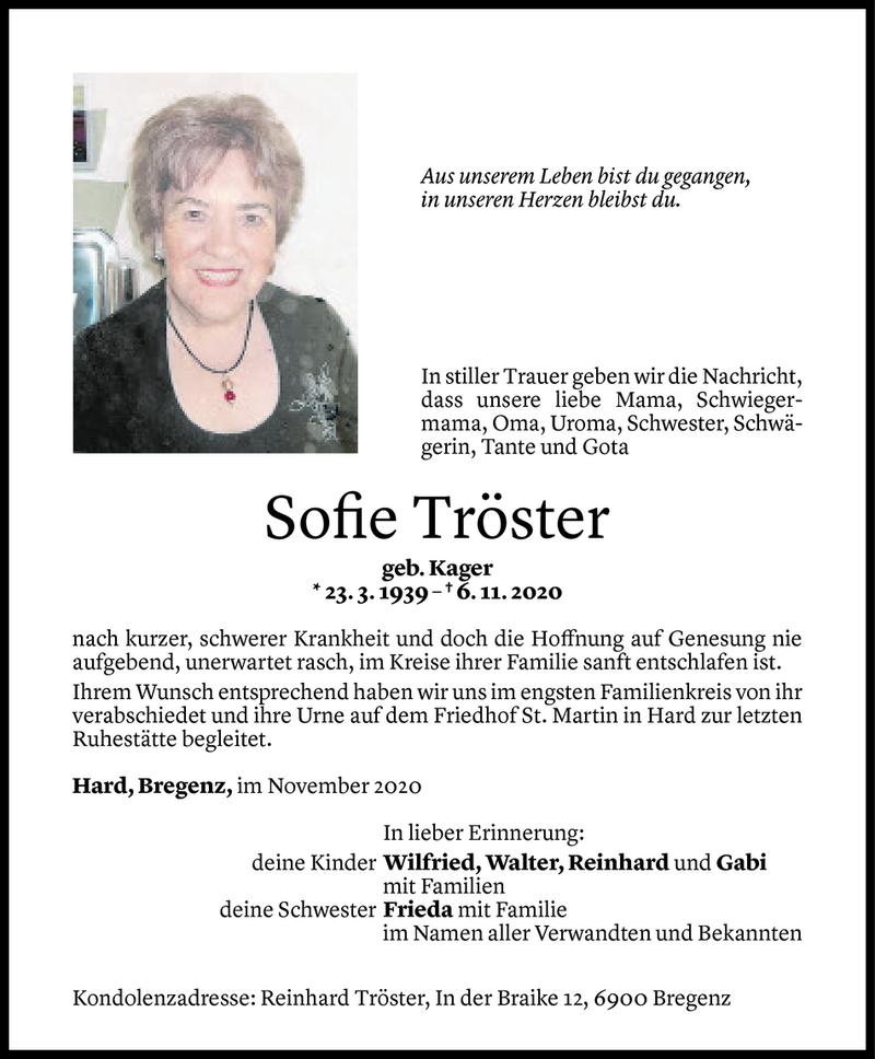  Todesanzeige für Sophie Tröster vom 14.11.2020 aus Vorarlberger Nachrichten