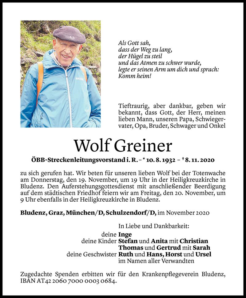  Todesanzeige für Wolf Greiner vom 14.11.2020 aus Vorarlberger Nachrichten