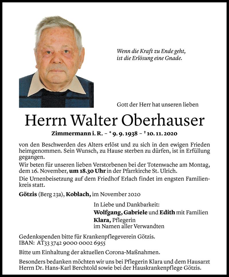  Todesanzeige für Walter Oberhauser vom 14.11.2020 aus Vorarlberger Nachrichten