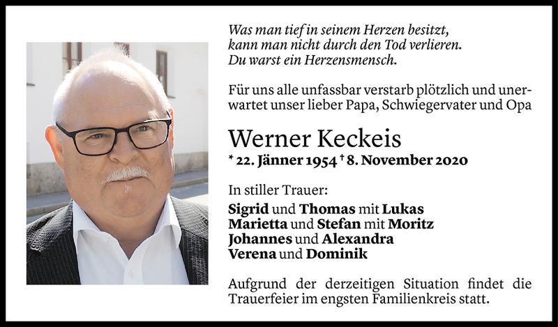  Todesanzeige für Werner Keckeis vom 13.11.2020 aus Vorarlberger Nachrichten