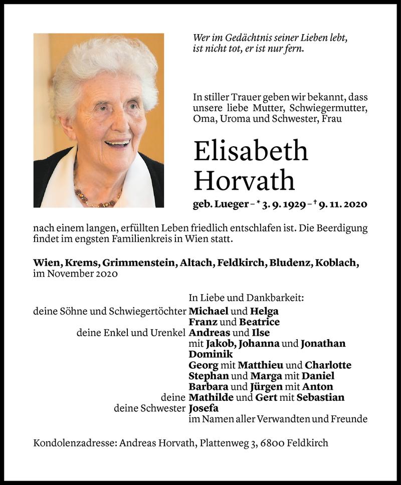  Todesanzeige für Elisabeth Horvath vom 13.11.2020 aus Vorarlberger Nachrichten