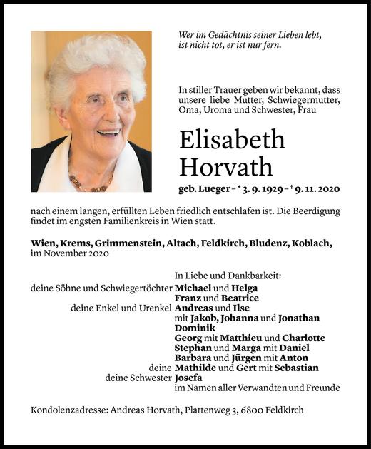 Todesanzeigen von Elisabeth Horvath | Todesanzeigen Vorarlberger ...