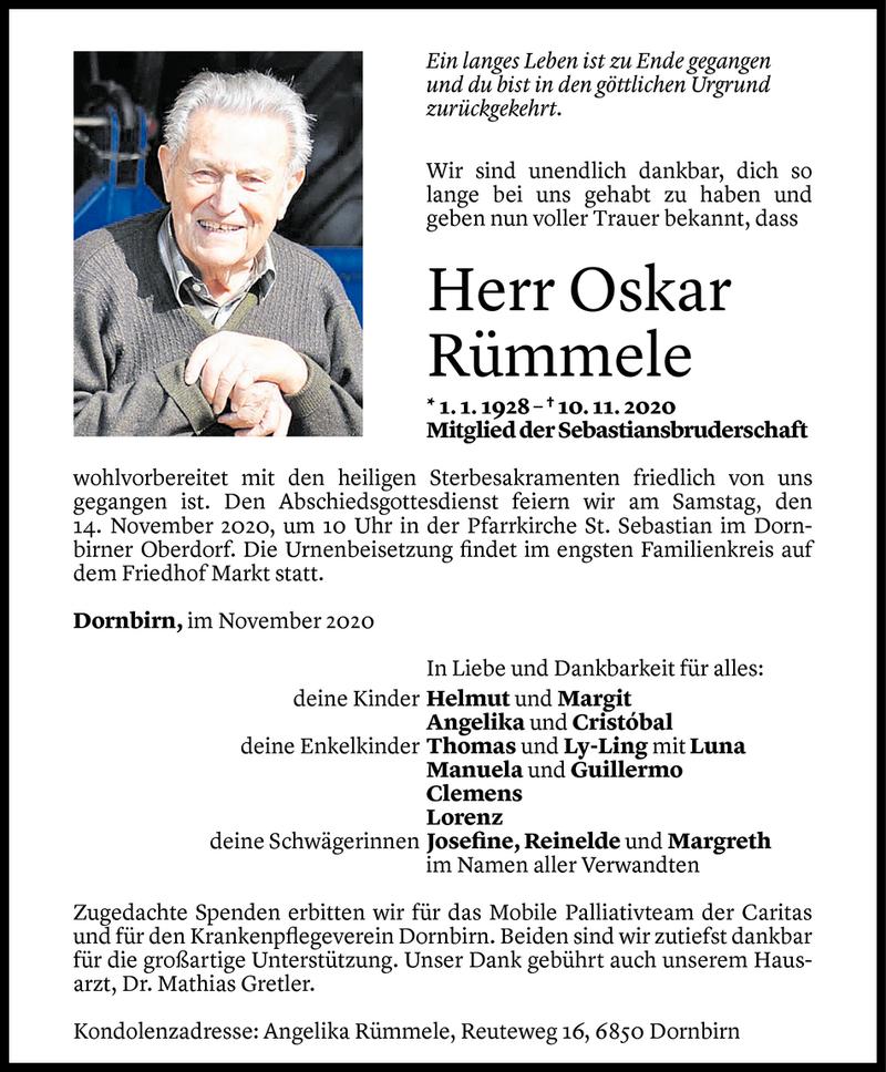  Todesanzeige für Oskar Rümmele vom 12.11.2020 aus Vorarlberger Nachrichten