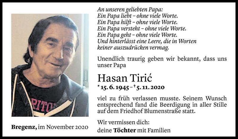  Todesanzeige für Hasan Tiric vom 14.11.2020 aus Vorarlberger Nachrichten