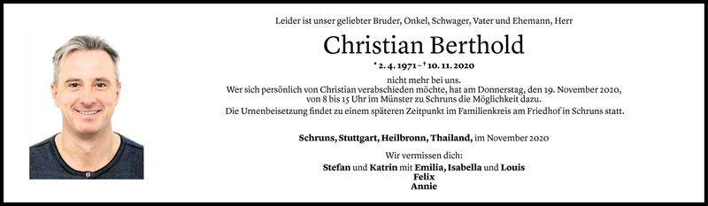  Todesanzeige für Christian Berthold vom 16.11.2020 aus Vorarlberger Nachrichten
