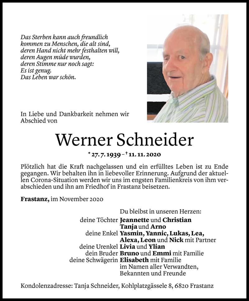  Todesanzeige für Werner Schneider vom 14.11.2020 aus Vorarlberger Nachrichten