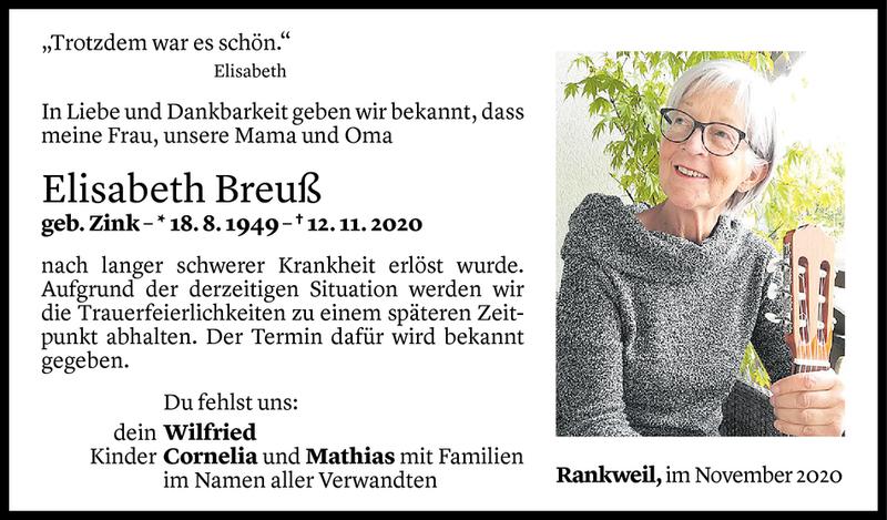  Todesanzeige für Elisabeth Breuß vom 14.11.2020 aus Vorarlberger Nachrichten