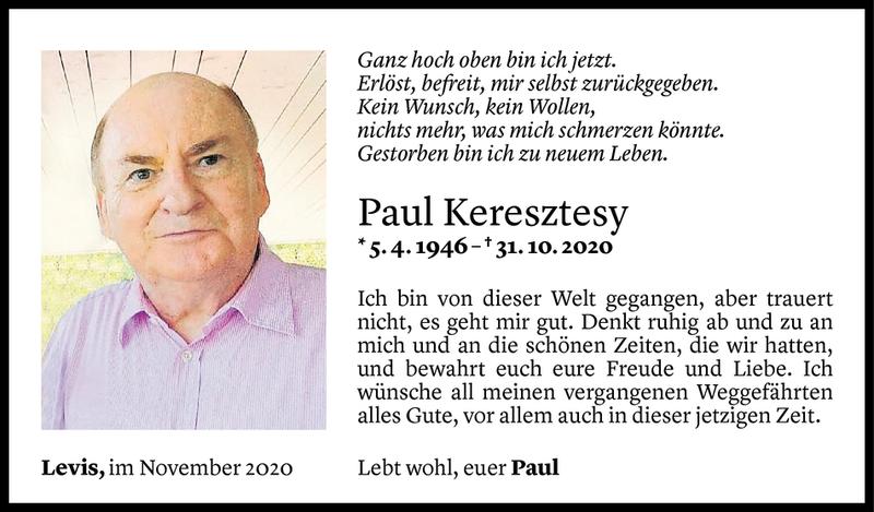  Todesanzeige für Paul Keresztesy vom 14.11.2020 aus Vorarlberger Nachrichten