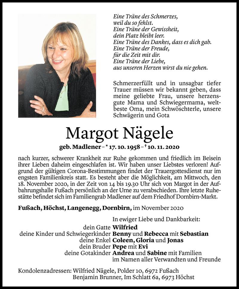  Todesanzeige für Margot Nägele vom 16.11.2020 aus Vorarlberger Nachrichten