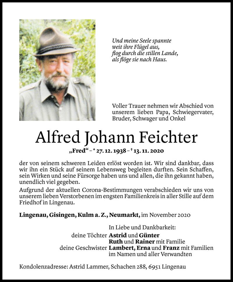  Todesanzeige für Alfred Feichter vom 16.11.2020 aus Vorarlberger Nachrichten