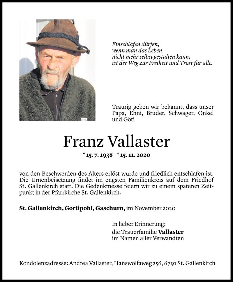  Todesanzeige für Franz Vallaster vom 17.11.2020 aus Vorarlberger Nachrichten