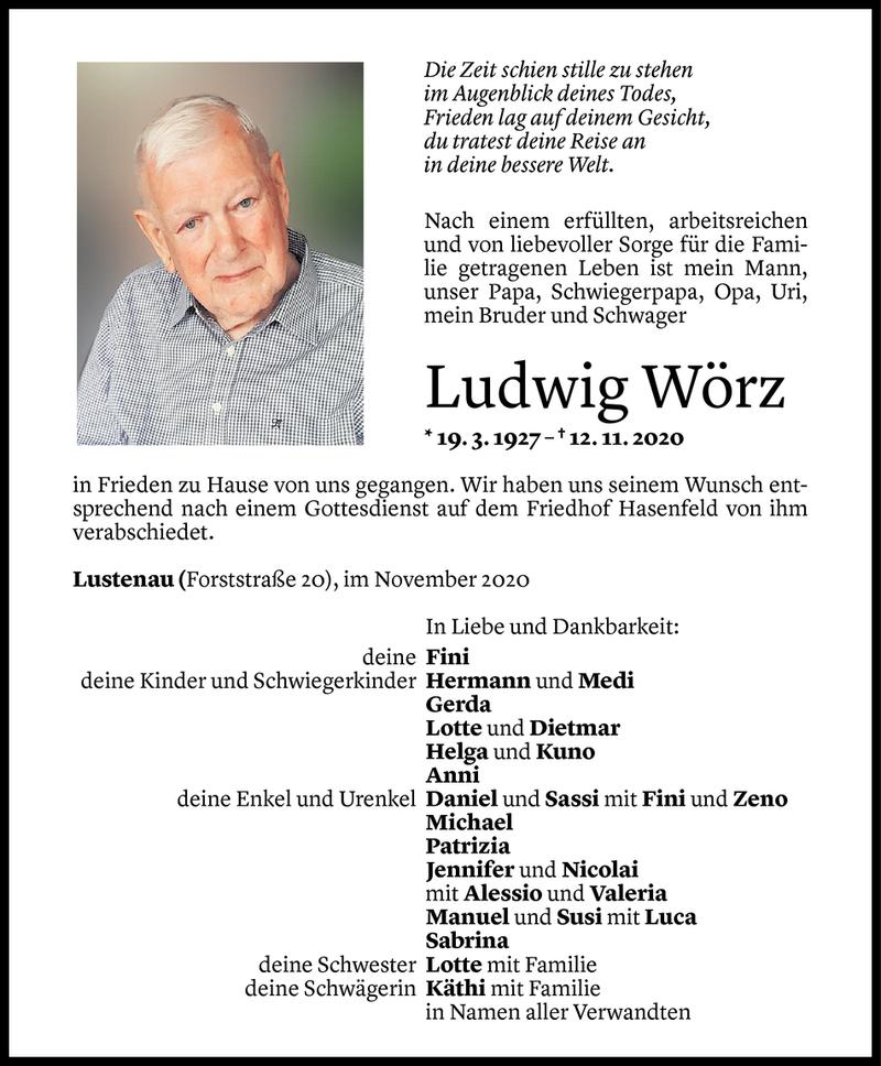  Todesanzeige für Ludwig Wörz vom 16.11.2020 aus Vorarlberger Nachrichten