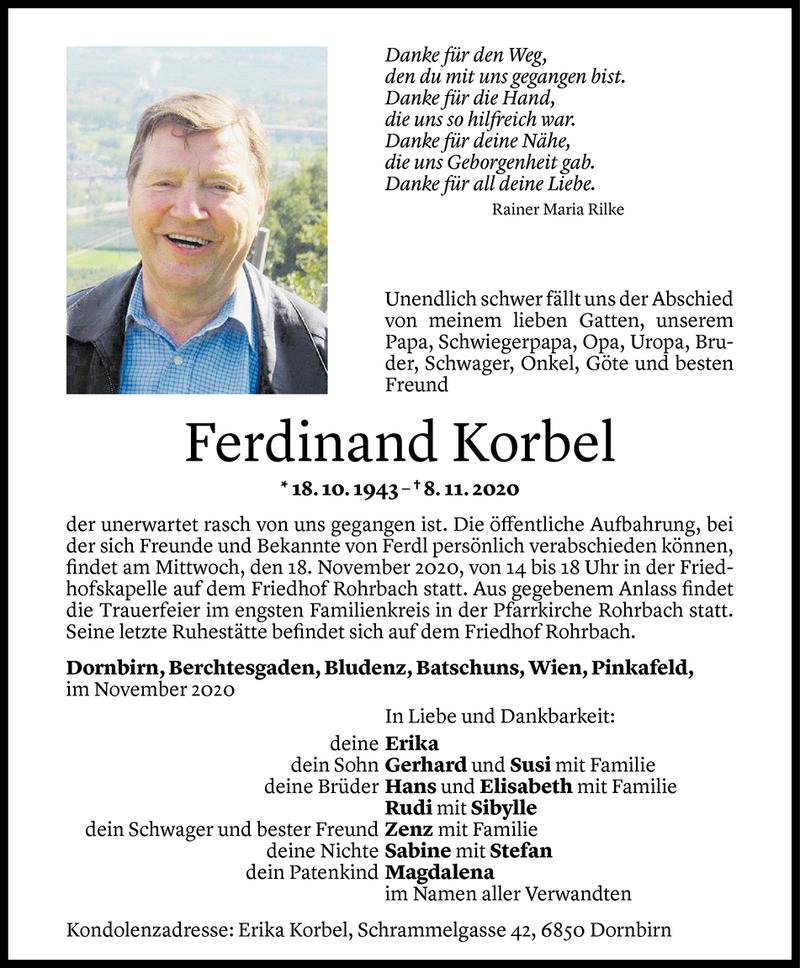  Todesanzeige für Ferdinand Korbel vom 17.11.2020 aus Vorarlberger Nachrichten