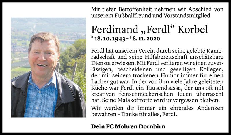  Todesanzeige für Ferdinand Korbel vom 17.11.2020 aus Vorarlberger Nachrichten