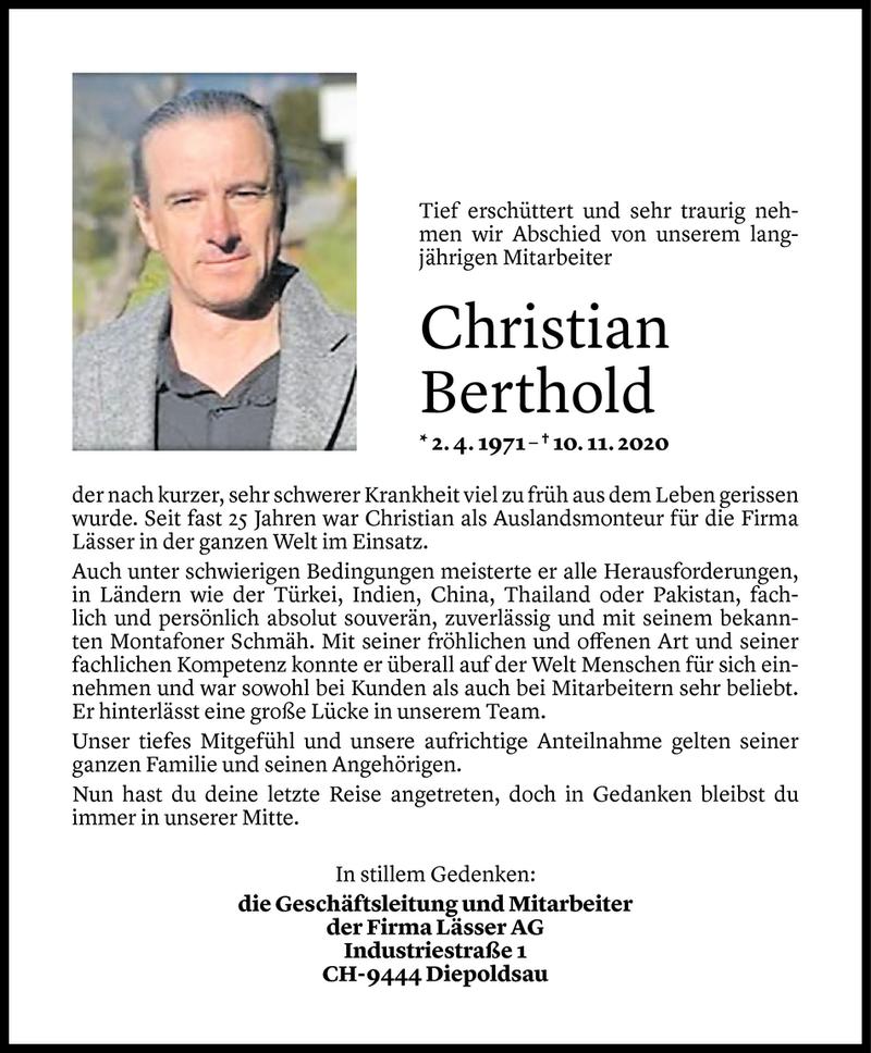  Todesanzeige für Christian Berthold vom 16.11.2020 aus Vorarlberger Nachrichten