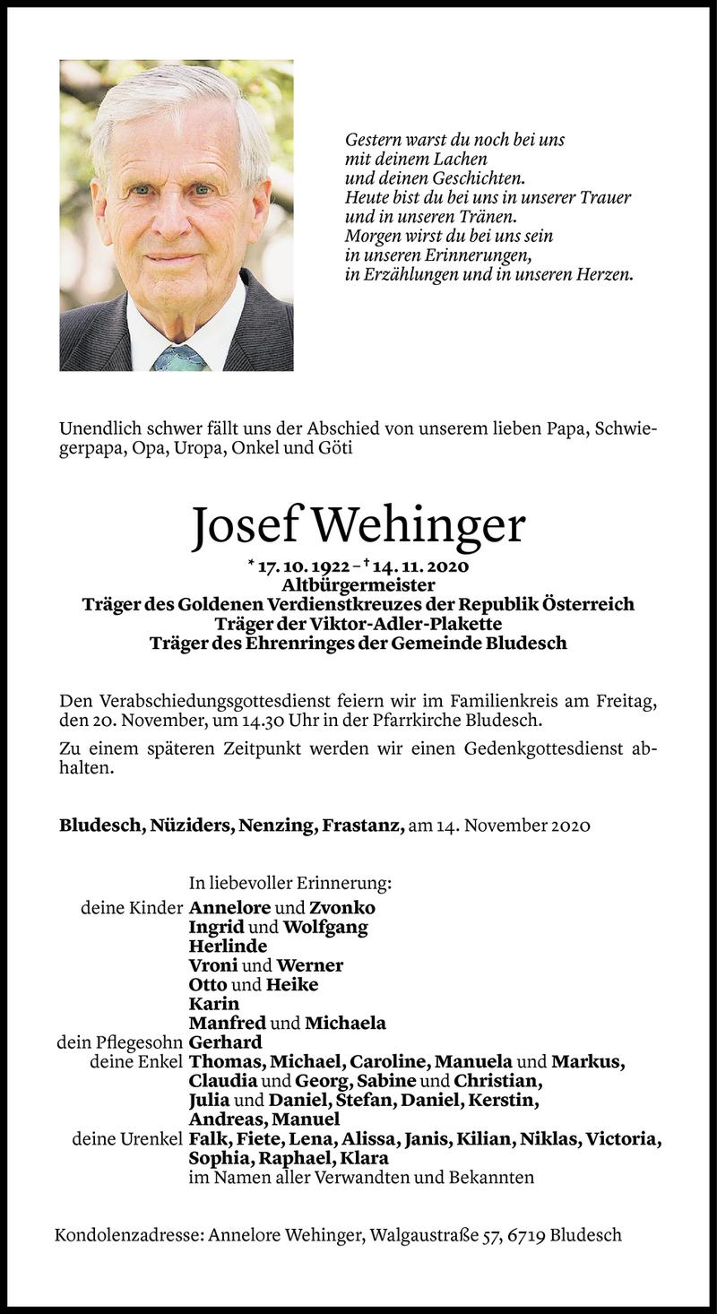  Todesanzeige für Josef Wehinger vom 16.11.2020 aus Vorarlberger Nachrichten