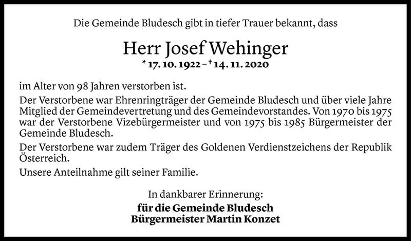  Todesanzeige für Josef Wehinger vom 16.11.2020 aus Vorarlberger Nachrichten