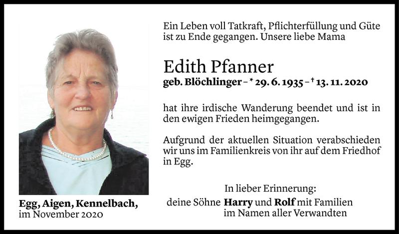  Todesanzeige für Edith Pfanner vom 18.11.2020 aus Vorarlberger Nachrichten