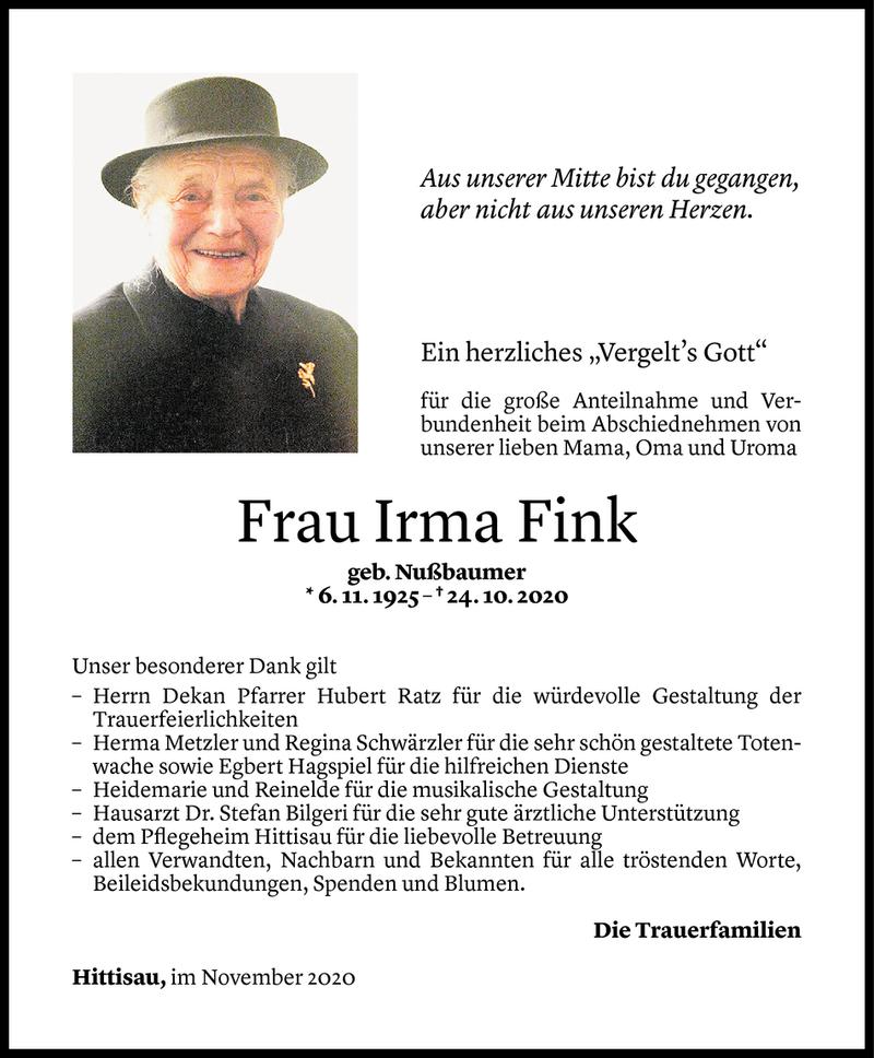  Todesanzeige für Irma Fink vom 17.11.2020 aus Vorarlberger Nachrichten