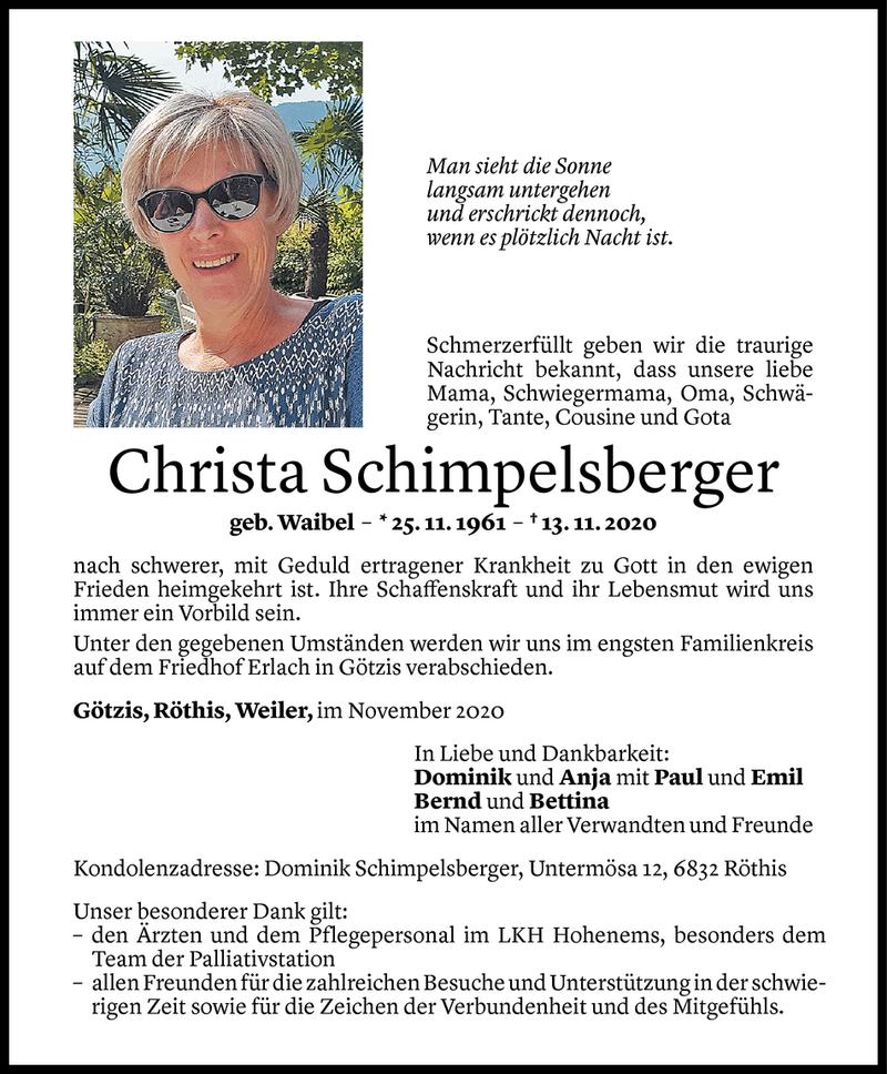  Todesanzeige für Christa Schimpelsberger vom 18.11.2020 aus Vorarlberger Nachrichten