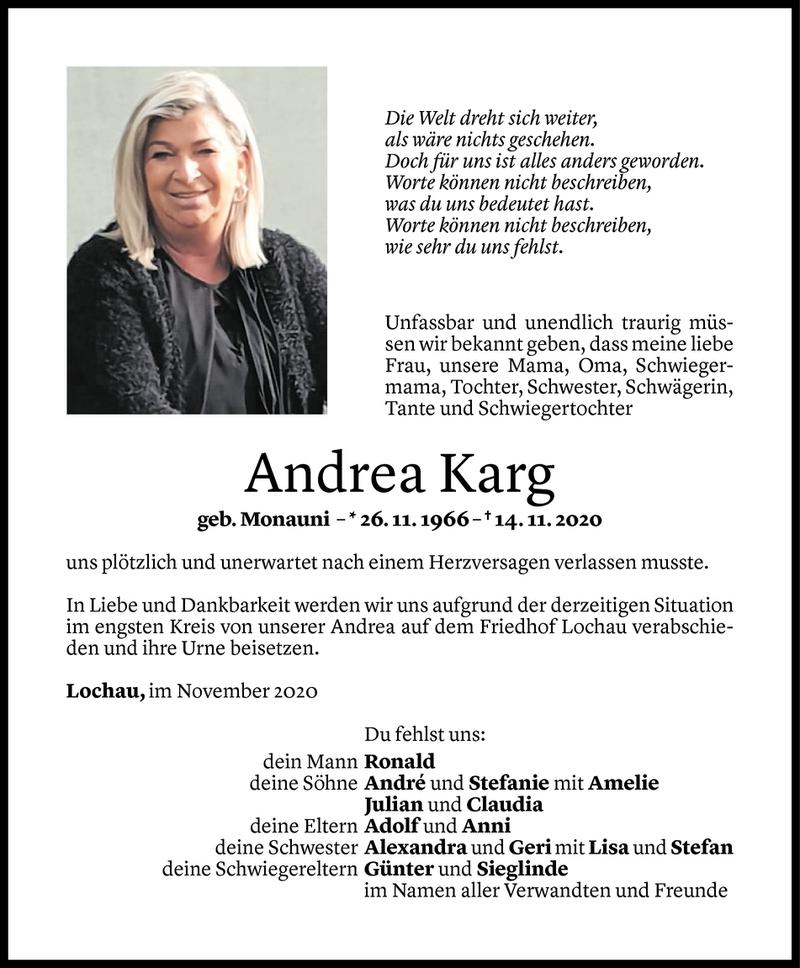  Todesanzeige für Andrea Karg vom 18.11.2020 aus Vorarlberger Nachrichten