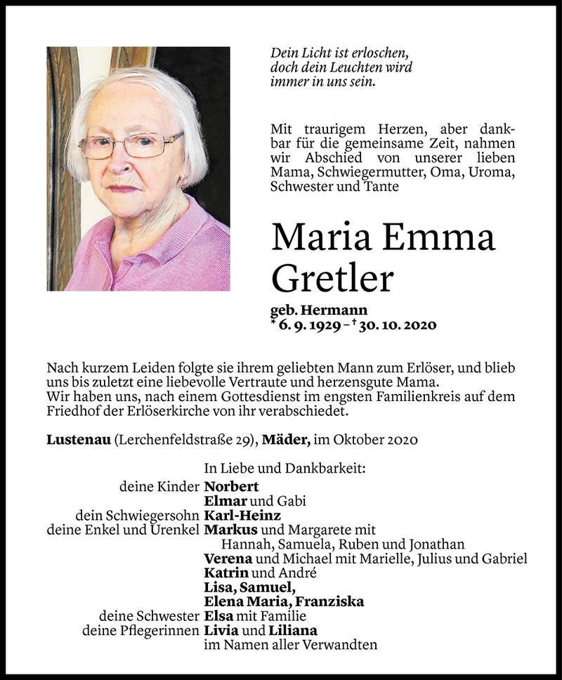  Todesanzeige für Maria Emma Gretler vom 17.11.2020 aus Vorarlberger Nachrichten