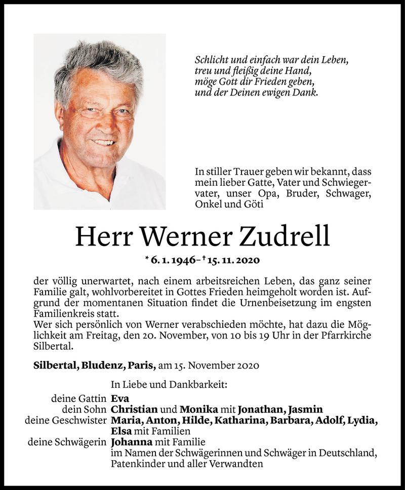  Todesanzeige für Werner Zudrell vom 17.11.2020 aus Vorarlberger Nachrichten