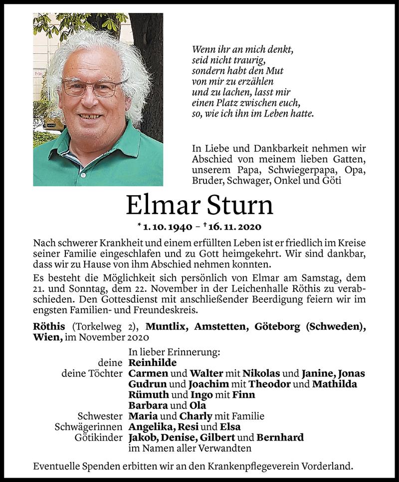  Todesanzeige für Elmar Sturn vom 19.11.2020 aus Vorarlberger Nachrichten